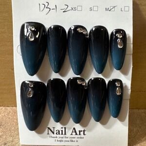 Press On Nails Black Blue Ombre Almond Rhinestone Nail Art Medium
